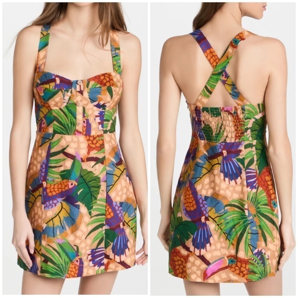 New House of Harlow 1960 Sand Painted Toucans Mini Dress Linen Blend Sz L